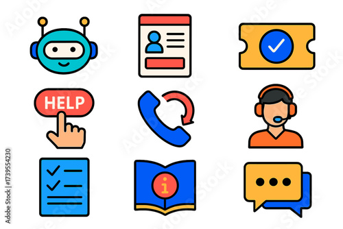 Bright Support Icons. Flat vector icons of contact support tools: chatbot, contact form, ticket system, help button, callback