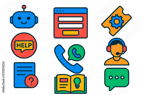 Bright Support Icons. Flat vector icons of contact support tools: chatbot, contact form, ticket system, help button, callback