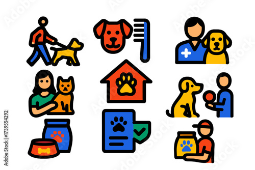 Pet Services Icons. Flat vector icons of pet services: dog walking, pet grooming, vet visit, pet sitter, pet hotel, animal