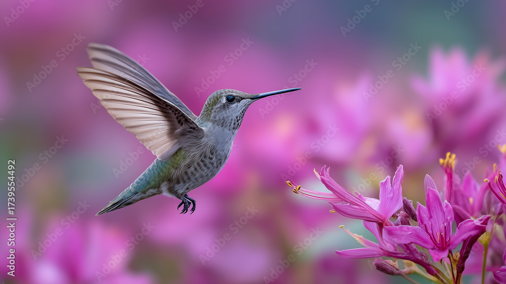 Fototapeta premium A hummingbird hovering near pink flowers, photorealistic, nature photography. Ai generated