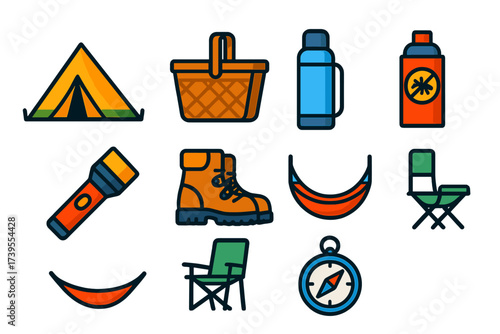 Outdoor Adventure Icons. Flat vector icons of outdoor products: camping tent, picnic basket, flashlight, thermos, bug spray,