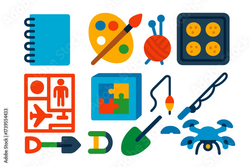 Colorful Hobby Icons. Flat vector icons of hobby products: sketchbook, paint palette, knitting needles, model kit, puzzle box,