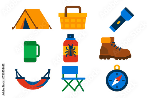 Outdoor Adventure Icons. Flat vector icons of outdoor products: camping tent, picnic basket, flashlight, thermos, bug spray,