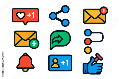 Blog Engagement Icons. Flat vector icons of blog engagement: likes counter, share button, email subscription, comment reply,