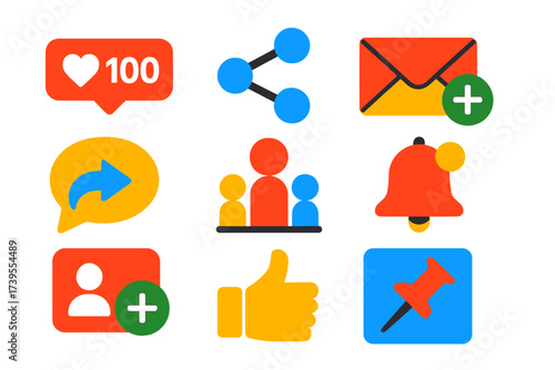 Blog Engagement Icons. Flat vector icons of blog engagement: likes counter, share button, email subscription, comment reply,