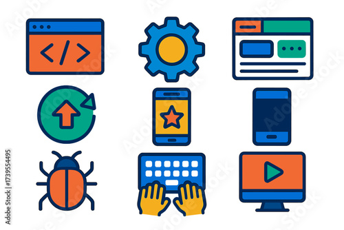 Tech Icons Collection. Flat vector icons of tech blog elements: coding post, gear settings, UI components, system update, app