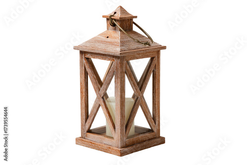 A rustic wooden lantern with an X design, a small candle, and a rope handle on a solid black background