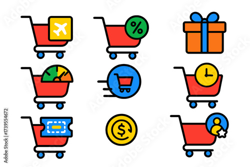 Cart Incentive Icons. Flat vector icons of cart incentives: free shipping cart, discount offer in cart, bonus gift icon, threshold