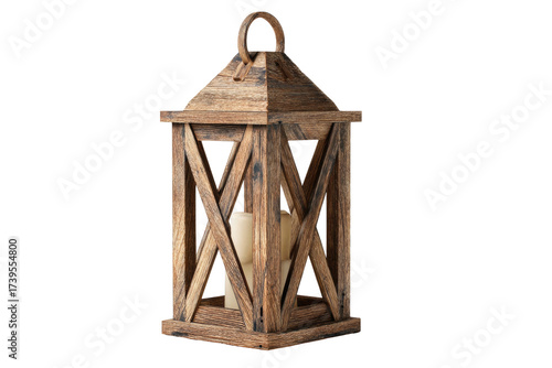 Rustic wooden lantern with a candle. Decorative, warm light, aged, and with an elegant handle