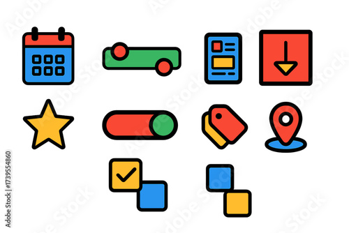 Colorful Filter Icons. Flat vector icons of search filters: date filter icon, price range slider, content type selector, sort