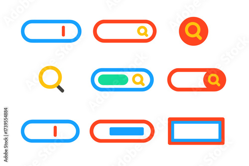 Colorful Search Icons. Flat vector icons of search bar states: focused search input, active search field, hovered search bar,