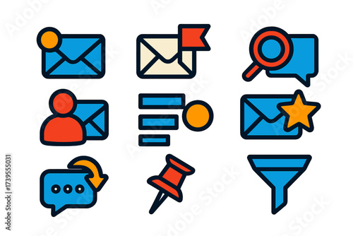 Colorful Message Icons. Flat vector icons of message sorting and filters: unread messages icon, flagged message, search in chat