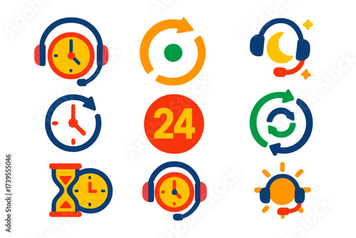24_7 Services Icons. Flat vector icons of 24/7 customer service: clock with headset, always-on icon, night service icon, round-the