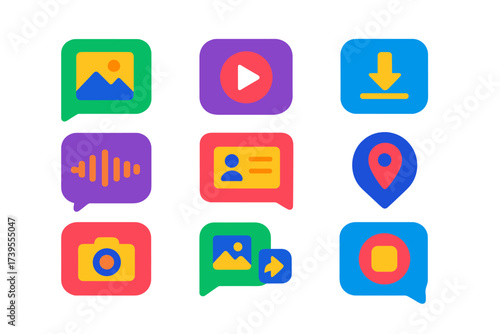 Vibrant Multimedia Icons. Flat vector icons of multimedia messages: image message icon, video message, file transfer bubble, audio