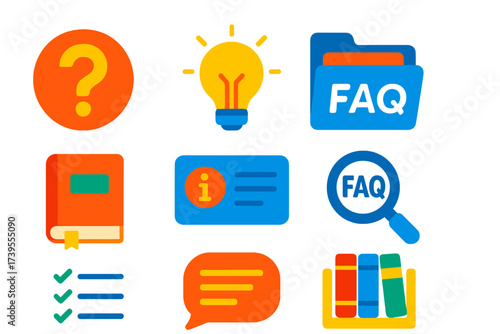 Bright FAQ Icons. Flat vector icons of FAQ concepts: question mark symbol, lightbulb idea icon, FAQ folder, help book icon, info