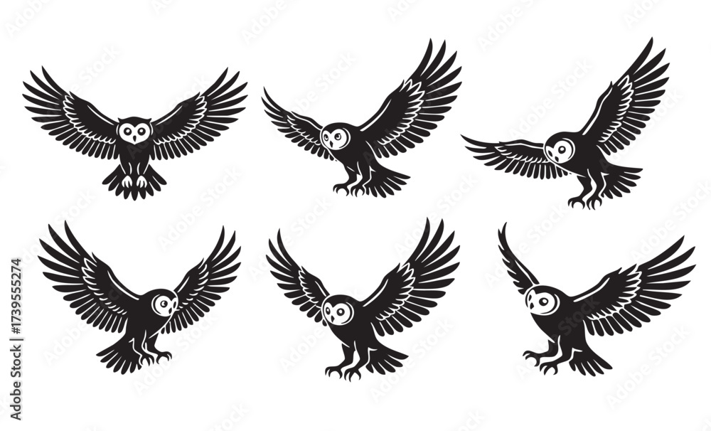 Obraz premium Monochromatic vector collection of owls in various symmetrical flight poses, excellent for nature, wisdom, or night-themed art. Birds.