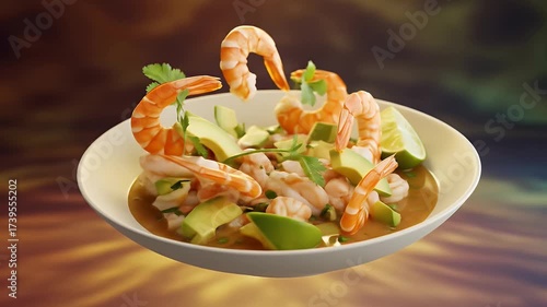 A delicious bowl of fresh shrimp ceviche with avocado and lime.