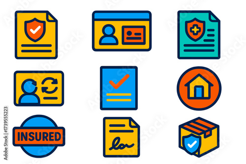 Modern Insurance Icons. Flat vector icons of insurance and coverage policies: insurance policy icon, policyholder ID card,