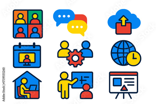 Remote Work Icons. Flat vector icons of remote team work: video call grid, chat bubble group, shared file cloud, online meeting