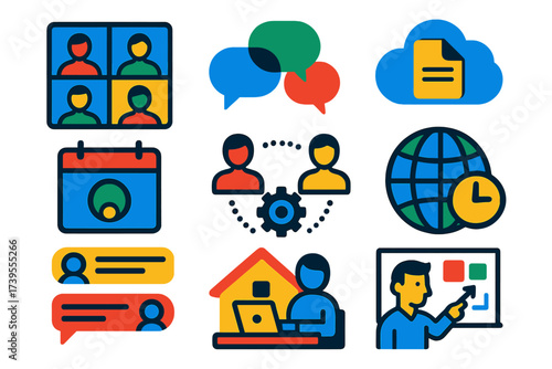 Remote Work Icons. Flat vector icons of remote team work: video call grid, chat bubble group, shared file cloud, online meeting