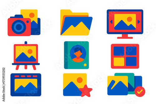 Vibrant Photography Icons. Flat vector icons of photography portfolios: camera gallery icon, photo album folder, image slider