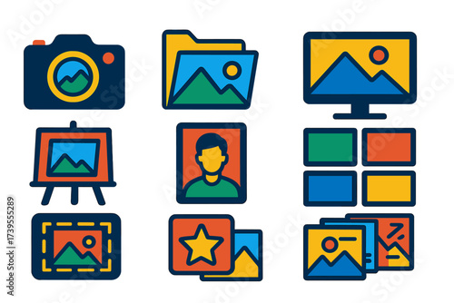 Vibrant Photography Icons. Flat vector icons of photography portfolios: camera gallery icon, photo album folder, image slider