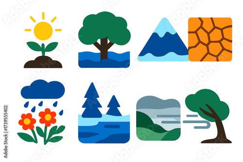 Weather Impact Icons. Flat vector icons of weather effects on nature: plant growth in sun, flooded tree icon, snowy mountain peak,