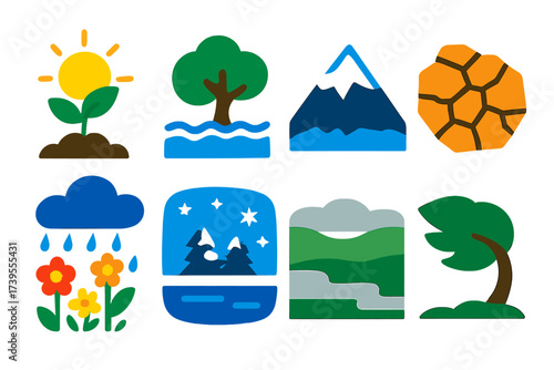Weather Impact Icons. Flat vector icons of weather effects on nature: plant growth in sun, flooded tree icon, snowy mountain peak,