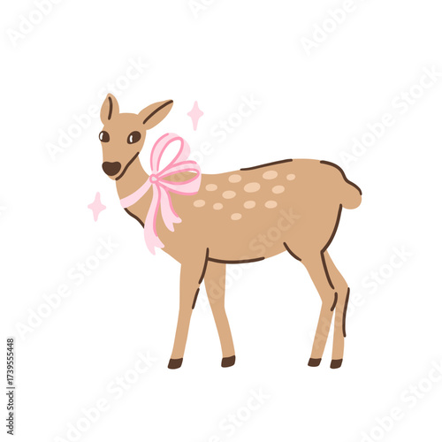 Adorable fawn with pink bowknot. Baby deer animal. Cute bambi. Flat vector illustration