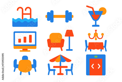 Modern Hotel Icons. Flat vector icons of hotel facilities: swimming pool icon, hotel gym symbol, rooftop bar icon, business center
