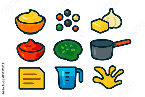 Gourmet Sauce Icons. Flat vector icons of gourmet sauce recipes: creamy sauce bowl, peppercorn blend, garlic butter, tomato puree,
