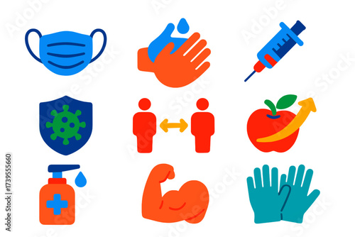 Disease Prevention Icons. Flat vector icons of disease prevention: face mask, handwashing icon, vaccine syringe, virus shield,