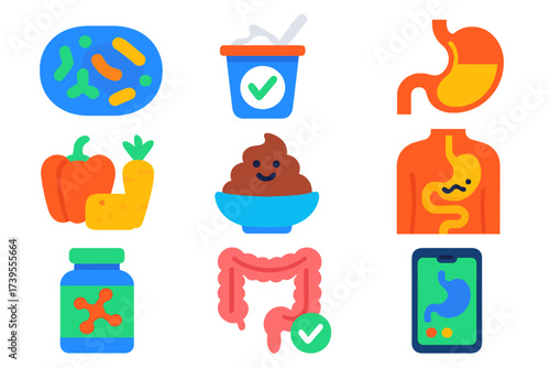 Digestive Health Icons. Flat vector icons of digestive health: gut flora, probiotic yogurt, stomach diagram, fiber foods, healthy