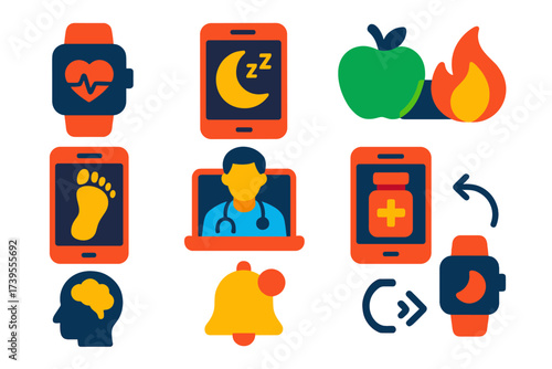 Digital Health Icons. Flat vector icons of digital health apps: fitness tracker app, sleep analysis, calorie tracker, step counter