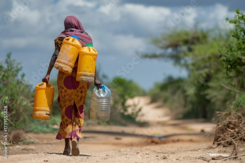 Woman carrying water jerrycans on dusty rural road