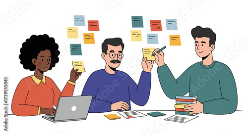 Team Brainstorming Diverse Group Collaborating on Sticky Notes to Foster Ideas and Innovation