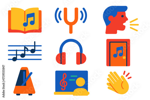 Music Education Icons. Flat vector icons of music education: music notes book, tuning fork, music scale, vocal warm-up, learning