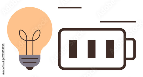Lightbulb and battery indicating energy, efficiency, innovation, power, sustainability, and solutions. Ideal for ecology, electricity, technology renewable energy productivity progress