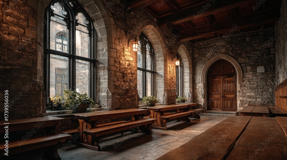 Obraz premium Stone hall interior with arched windows, wooden benches, and soft light ambiance