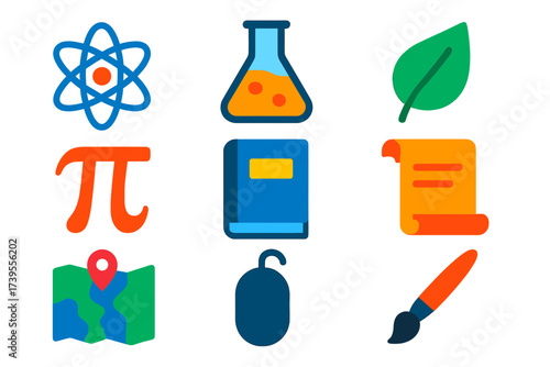 Vibrant School Subject Icons. Flat vector icons of school subjects icons: physics atom, chemistry beaker, biology leaf,