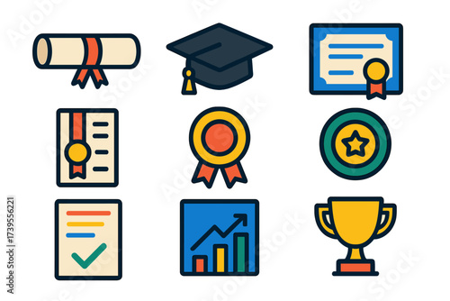 Learning Milestones Icons. Flat vector icons of learning milestones: diploma, graduation cap, certificate, honor roll, award