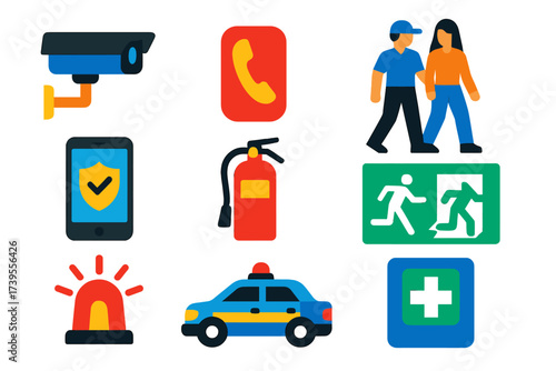 Campus Safety Icons. Flat vector icons of campus safety: security camera, emergency phone, campus escort, safety app, fire