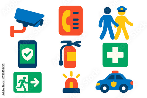 Campus Safety Icons. Flat vector icons of campus safety: security camera, emergency phone, campus escort, safety app, fire