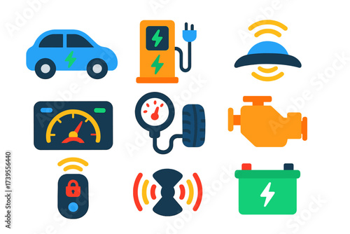 Automotive Tech Icons. Flat vector icons of automotive technology: electric car, charging station, autopilot sensor, dashboard