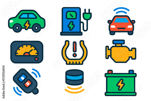 Automotive Tech Icons. Flat vector icons of automotive technology: electric car, charging station, autopilot sensor, dashboard
