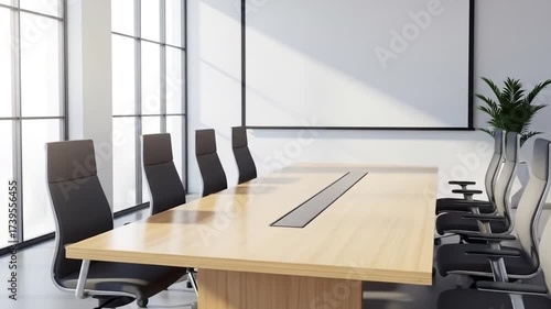 Wallpaper Mural Modern conference room bathed in daylight with sleek chairs around a large wooden table facing a blank projection screen ready for a corporate meeting or presentation Torontodigital.ca