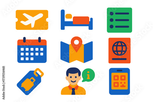 Vibrant Travel Icons. Flat vector icons of travel apps: flight ticket, hotel bed, itinerary list, booking calendar, travel map,
