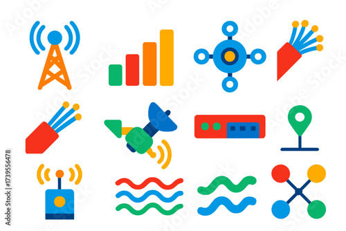 Telecom Icons Collection. Flat vector icons of telecommunications: antenna tower, signal bars, router node, fiber optic cable,