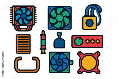 Cooling Hardware Icons. Flat vector icons of cooling hardware: CPU cooler, case fan, liquid cooling block, radiator grill, thermal