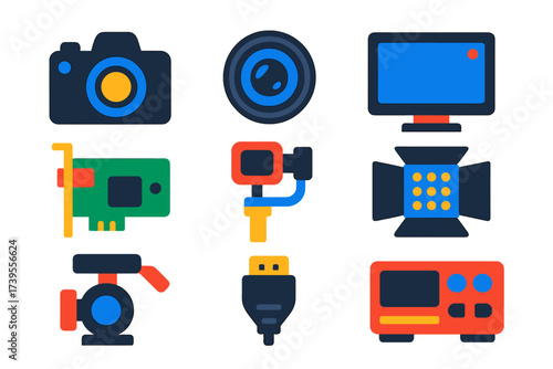 Bright Video Hardware Icons. Flat vector icons of video hardware: DSLR camera, camcorder lens, monitor viewfinder, capture card,